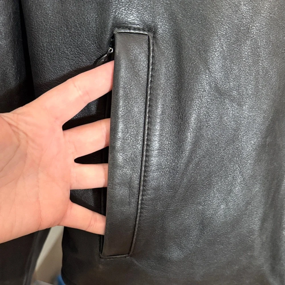 Guess Mens Black Leather Jacket Mock Neck Mesh Lined Quilted Elbows Size Large